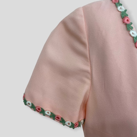 Vintage 60s Pink Flowy Cottagecore Maxi Floral Trim Large Pockets - Picture 4 of 7